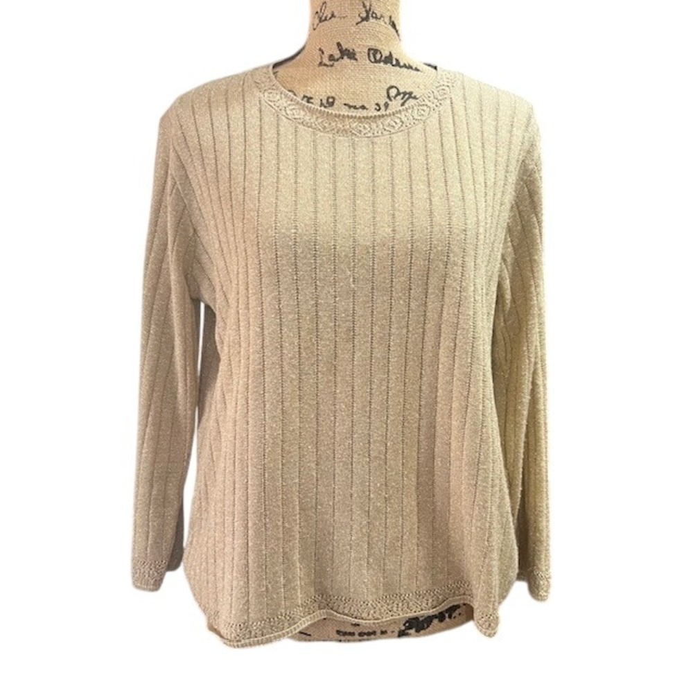 Alfred Dunner Large Metallic Ribbed Knit Long Sleeve Top Crochet Trim Gold Beige